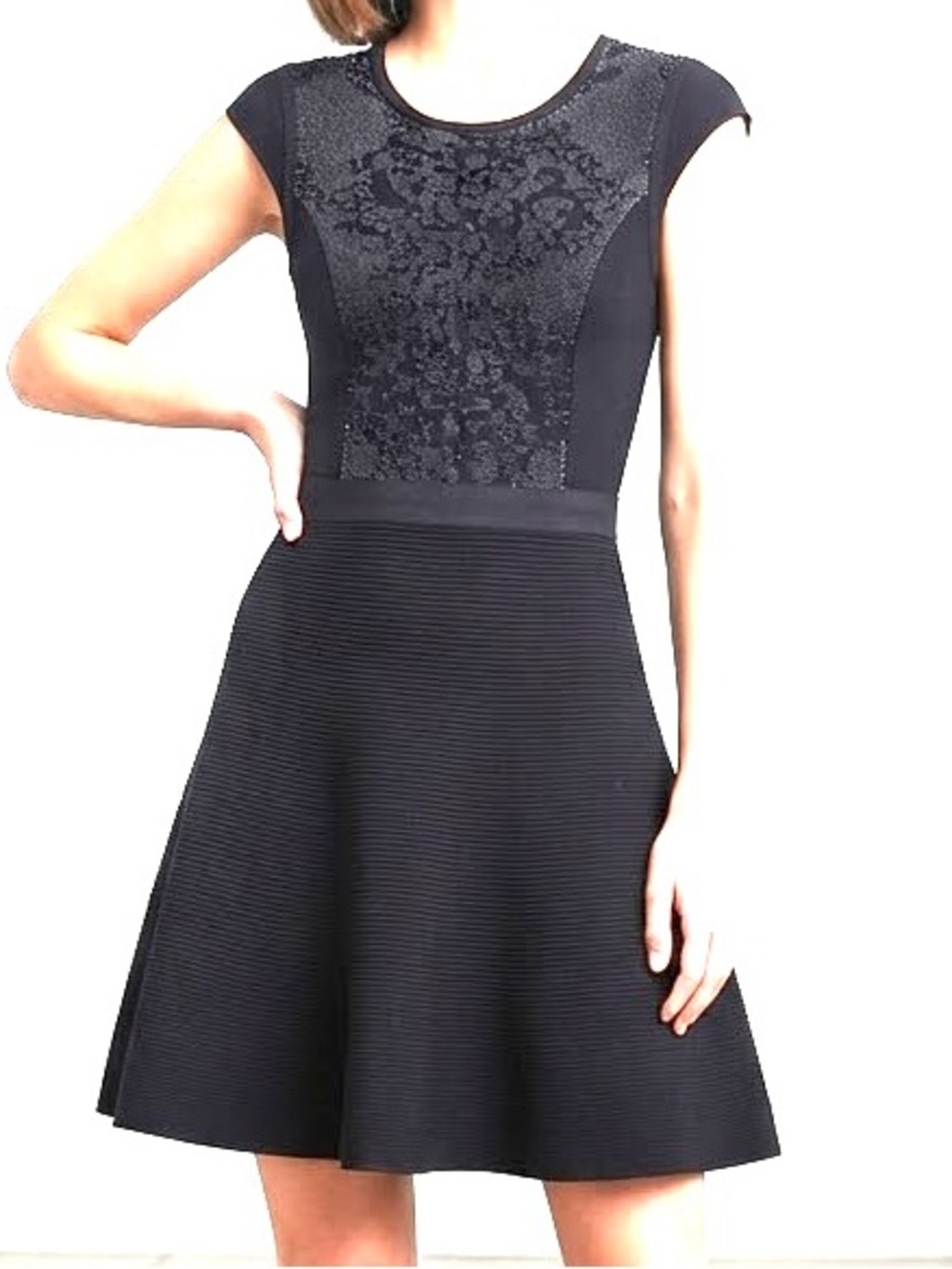 Rebecca Taylor Black Lace-Panel Flared knit Cap-Sleeve Mini Dress XS